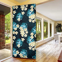 Dark Cyan Tropical Hawaii Door Cover Seamless Monstera Plumeria Hawaiian Pattern - Polynesian Pride
