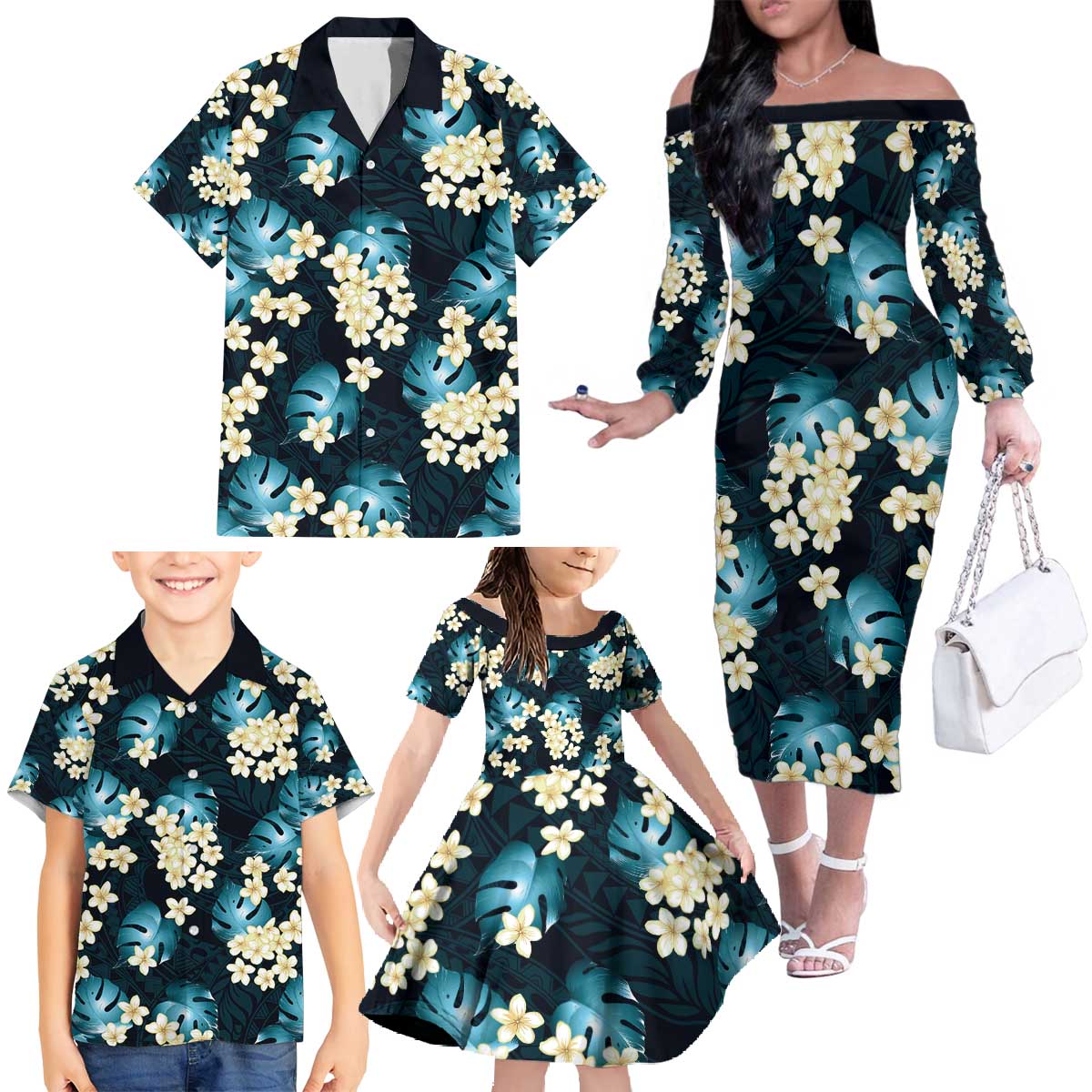 Dark Cyan Tropical Hawaii Family Matching Off The Shoulder Long Sleeve Dress and Hawaiian Shirt Seamless Monstera Plumeria Hawaiian Pattern - Polynesian Pride
