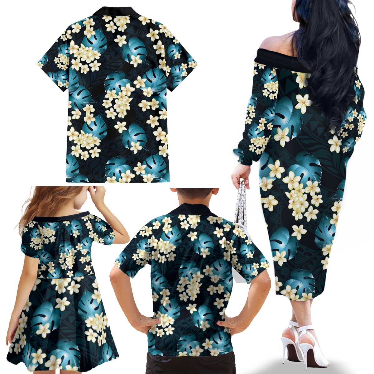 Dark Cyan Tropical Hawaii Family Matching Off The Shoulder Long Sleeve Dress and Hawaiian Shirt Seamless Monstera Plumeria Hawaiian Pattern - Polynesian Pride