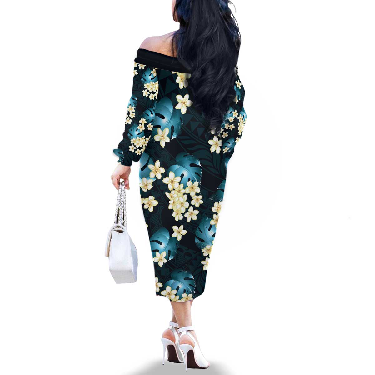 Dark Cyan Tropical Hawaii Family Matching Off The Shoulder Long Sleeve Dress and Hawaiian Shirt Seamless Monstera Plumeria Hawaiian Pattern - Polynesian Pride