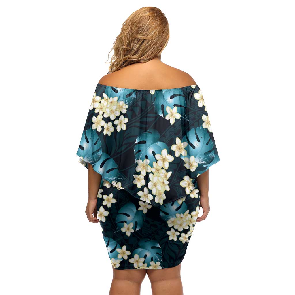 Dark Cyan Tropical Hawaii Family Matching Off Shoulder Short Dress and Hawaiian Shirt Seamless Monstera Plumeria Hawaiian Pattern - Polynesian Pride