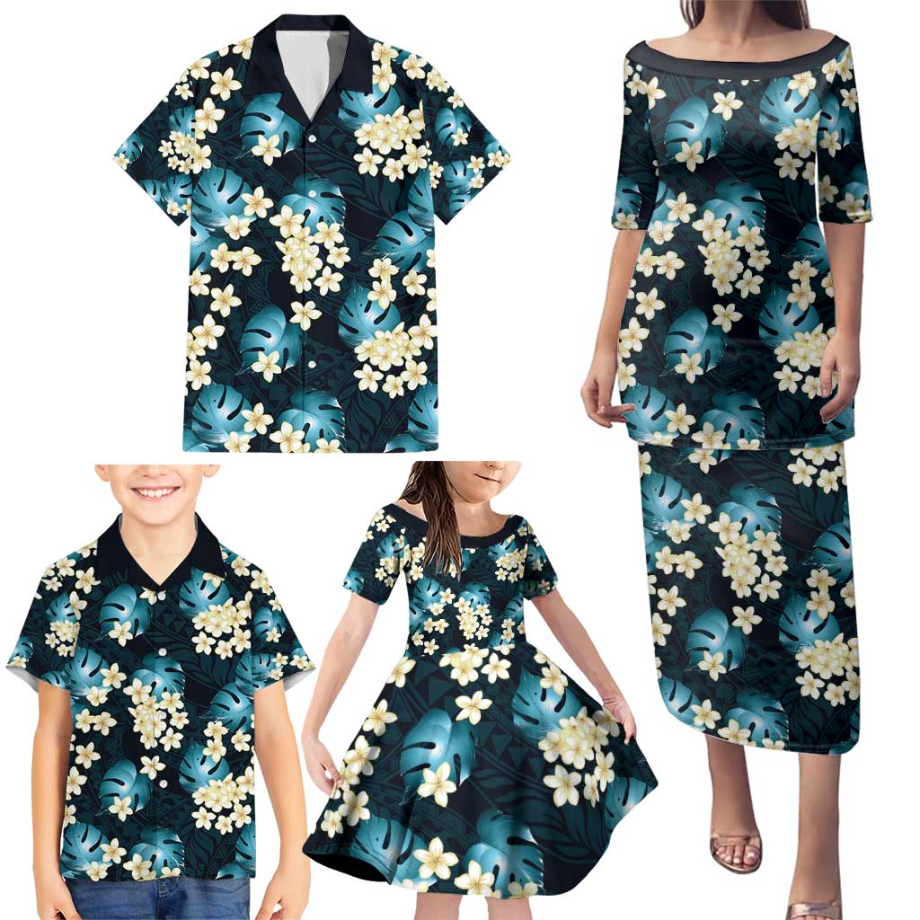 Dark Cyan Tropical Hawaii Family Matching Puletasi and Hawaiian Shirt Seamless Monstera Plumeria Hawaiian Pattern - Polynesian Pride