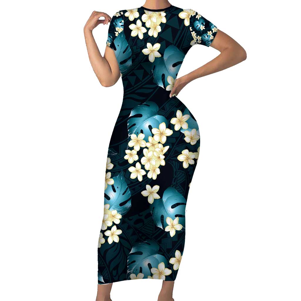 Dark Cyan Tropical Hawaii Family Matching Short Sleeve Bodycon Dress and Hawaiian Shirt Seamless Monstera Plumeria Hawaiian Pattern - Polynesian Pride