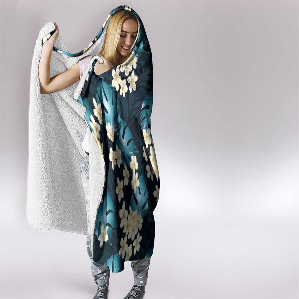 Dark Cyan Tropical Hawaii Hooded Blanket Seamless Monstera Plumeria Hawaiian Pattern - Polynesian Pride