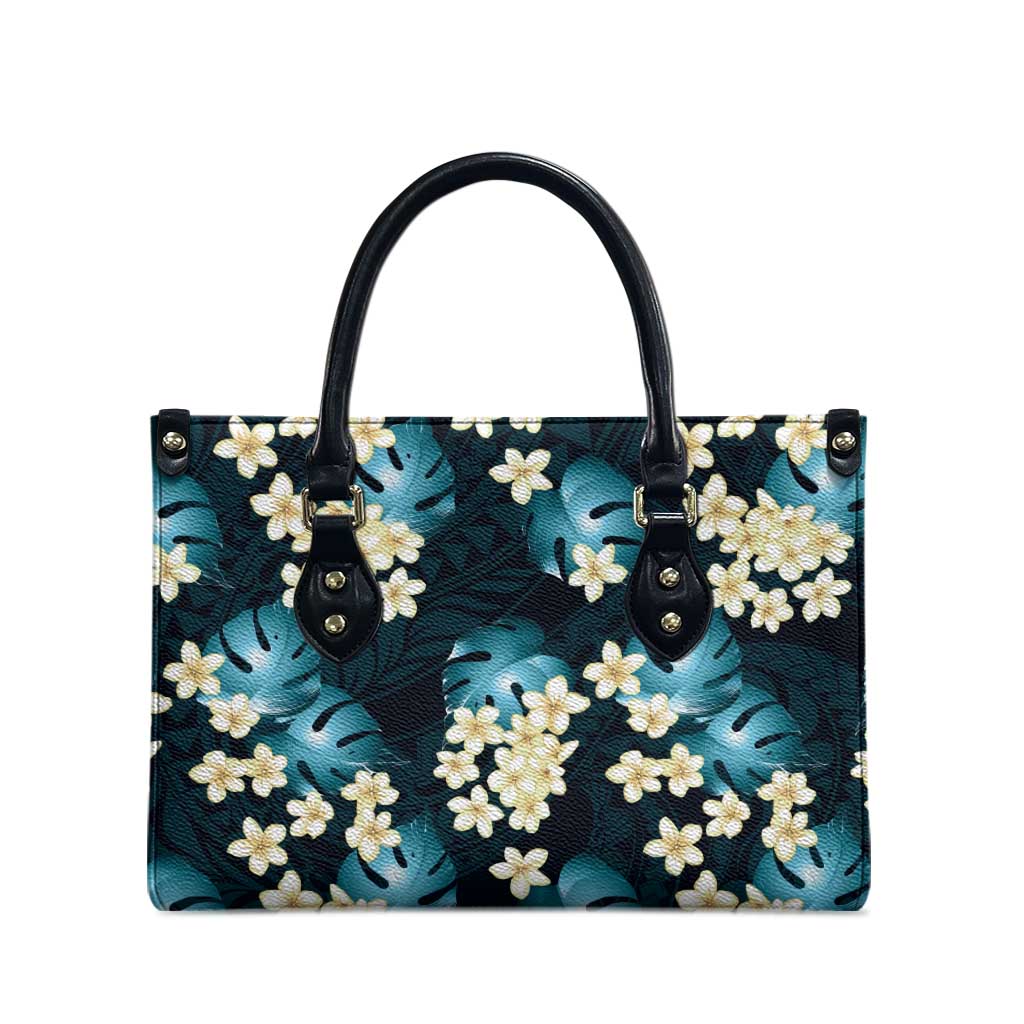 Dark Cyan Tropical Hawaii Leather Bag Seamless Monstera Plumeria Hawaiian Pattern - Polynesian Pride