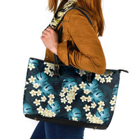 Dark Cyan Tropical Hawaii Leather Tote Bag Seamless Monstera Plumeria Hawaiian Pattern - Polynesian Pride