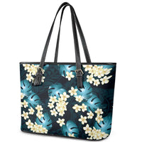 Dark Cyan Tropical Hawaii Leather Tote Bag Seamless Monstera Plumeria Hawaiian Pattern - Polynesian Pride