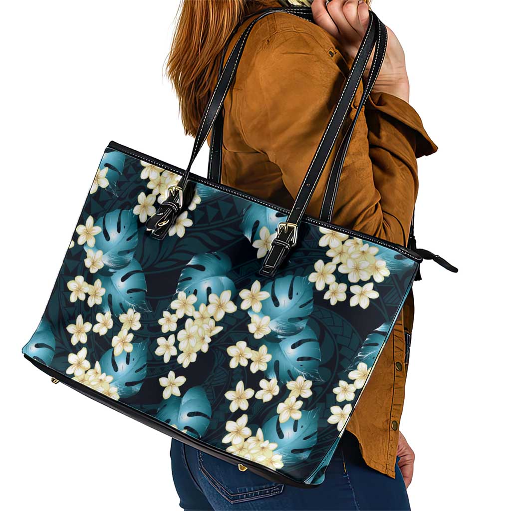 Dark Cyan Tropical Hawaii Leather Tote Bag Seamless Monstera Plumeria Hawaiian Pattern - Polynesian Pride