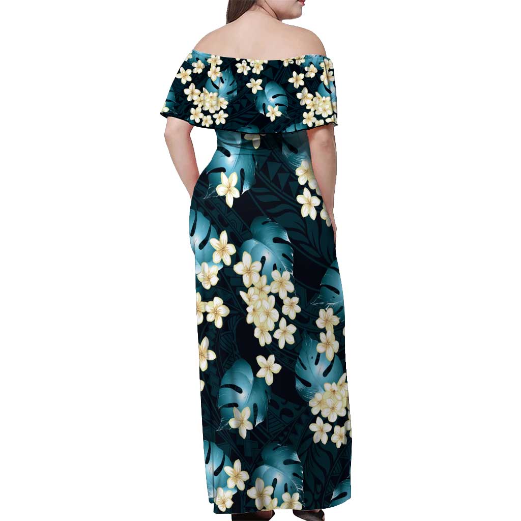 Dark Cyan Tropical Hawaii Off Shoulder Maxi Dress Seamless Monstera Plumeria Hawaiian Pattern - Polynesian Pride