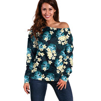 Dark Cyan Tropical Hawaii Off Shoulder Sweater Seamless Monstera Plumeria Hawaiian Pattern - Polynesian Pride