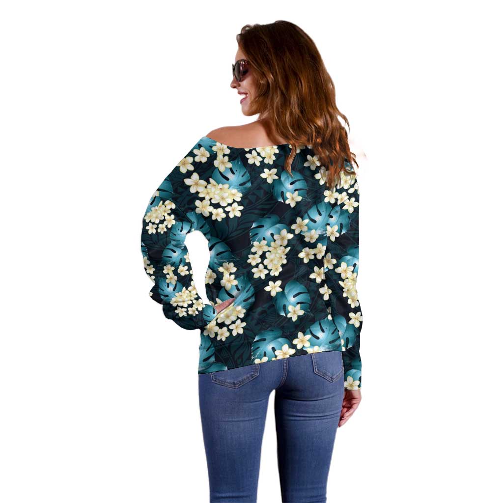 Dark Cyan Tropical Hawaii Off Shoulder Sweater Seamless Monstera Plumeria Hawaiian Pattern - Polynesian Pride