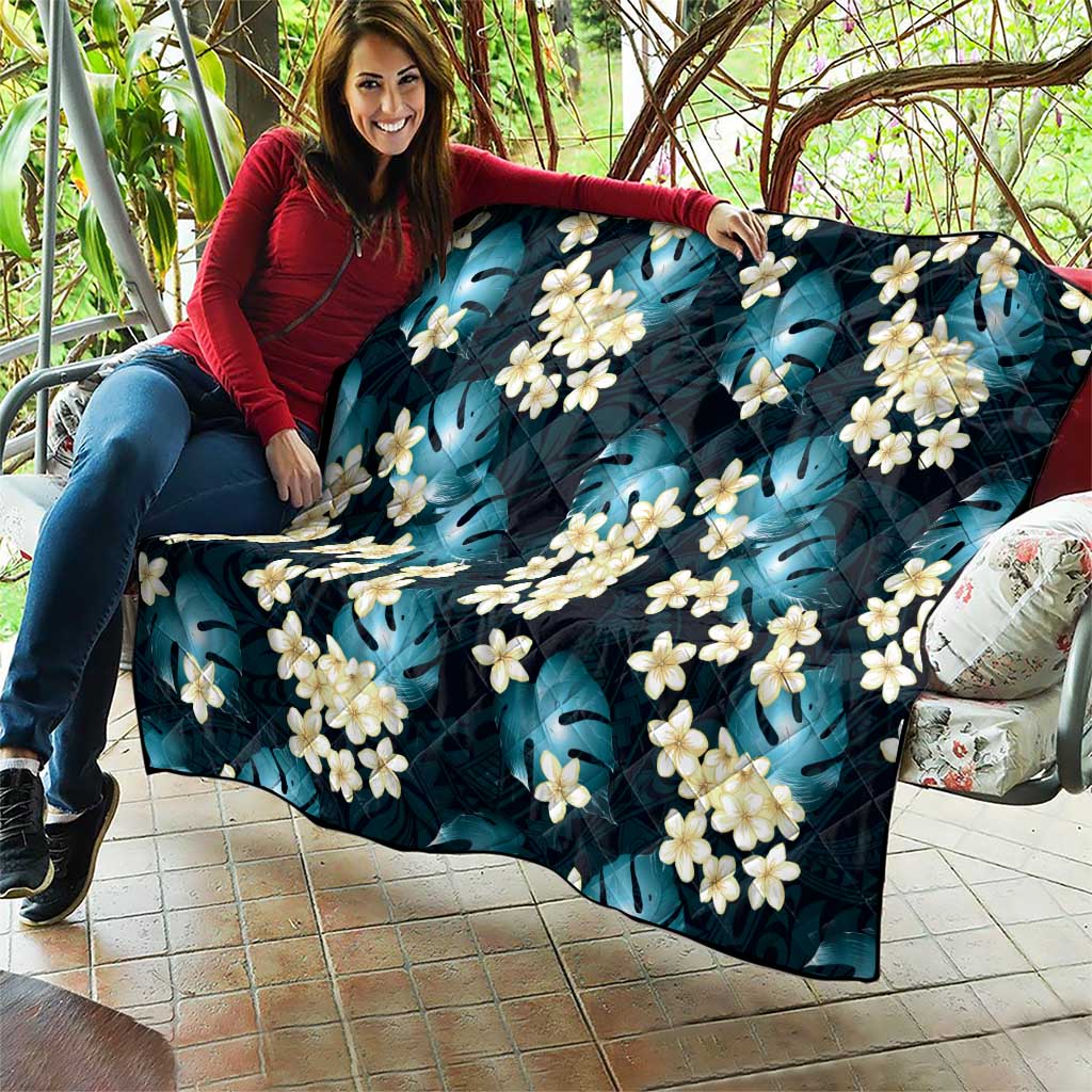 Dark Cyan Tropical Hawaii Quilt Seamless Monstera Plumeria Hawaiian Pattern - Polynesian Pride