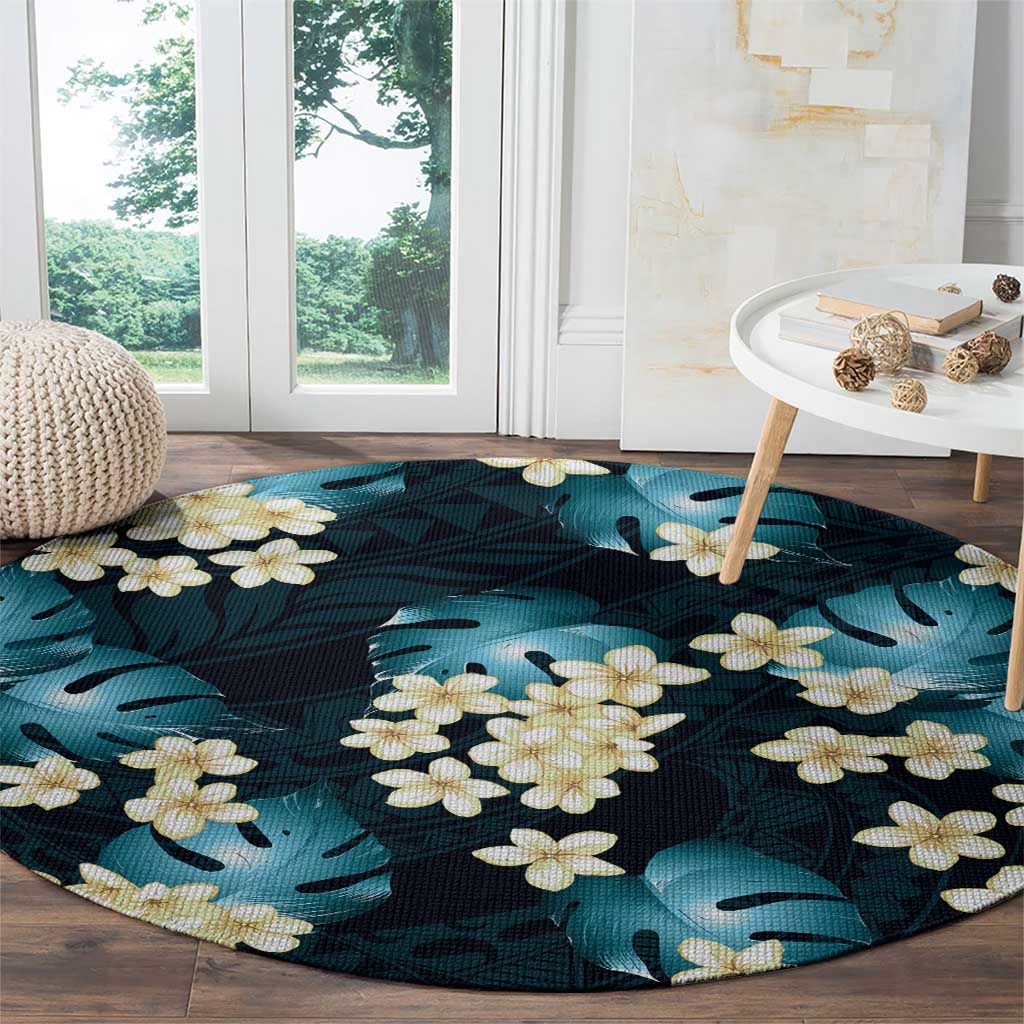 Dark Cyan Tropical Hawaii Round Carpet Seamless Monstera Plumeria Hawaiian Pattern - Polynesian Pride