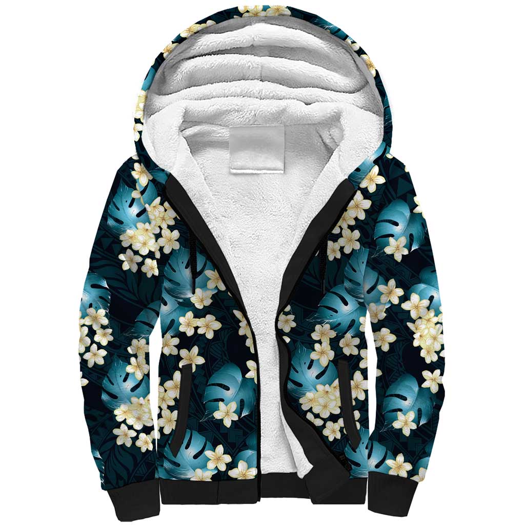 Dark Cyan Tropical Hawaii Sherpa Hoodie Seamless Monstera Plumeria Hawaiian Pattern - Polynesian Pride