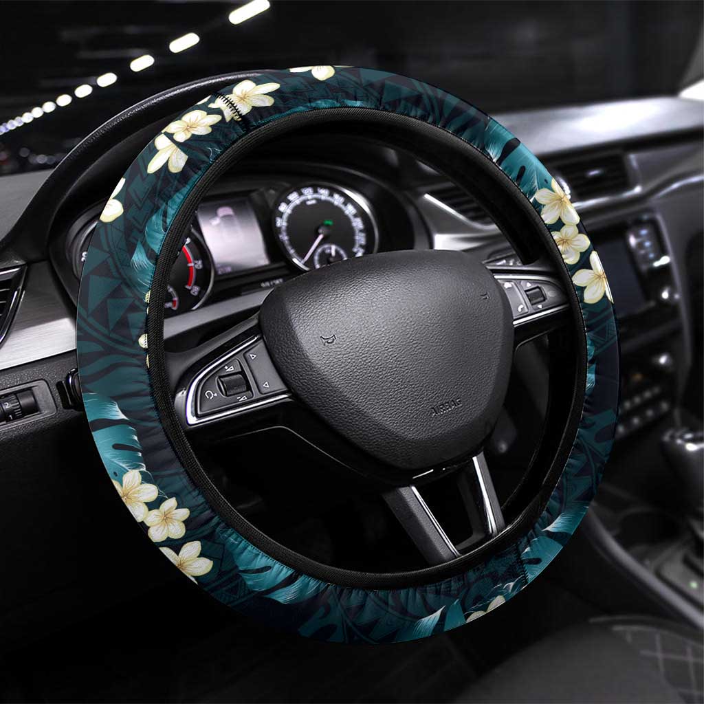 Dark Cyan Tropical Hawaii Steering Wheel Cover Seamless Monstera Plumeria Hawaiian Pattern - Polynesian Pride