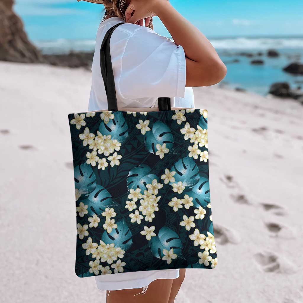 Dark Cyan Tropical Hawaii Tote Bag Seamless Monstera Plumeria Hawaiian Pattern - Polynesian Pride