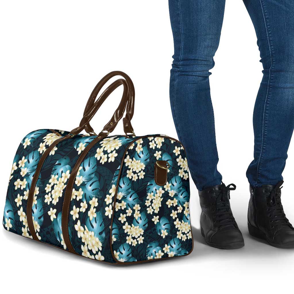 Dark Cyan Tropical Hawaii Travel Bag Seamless Monstera Plumeria Hawaiian Pattern - Polynesian Pride