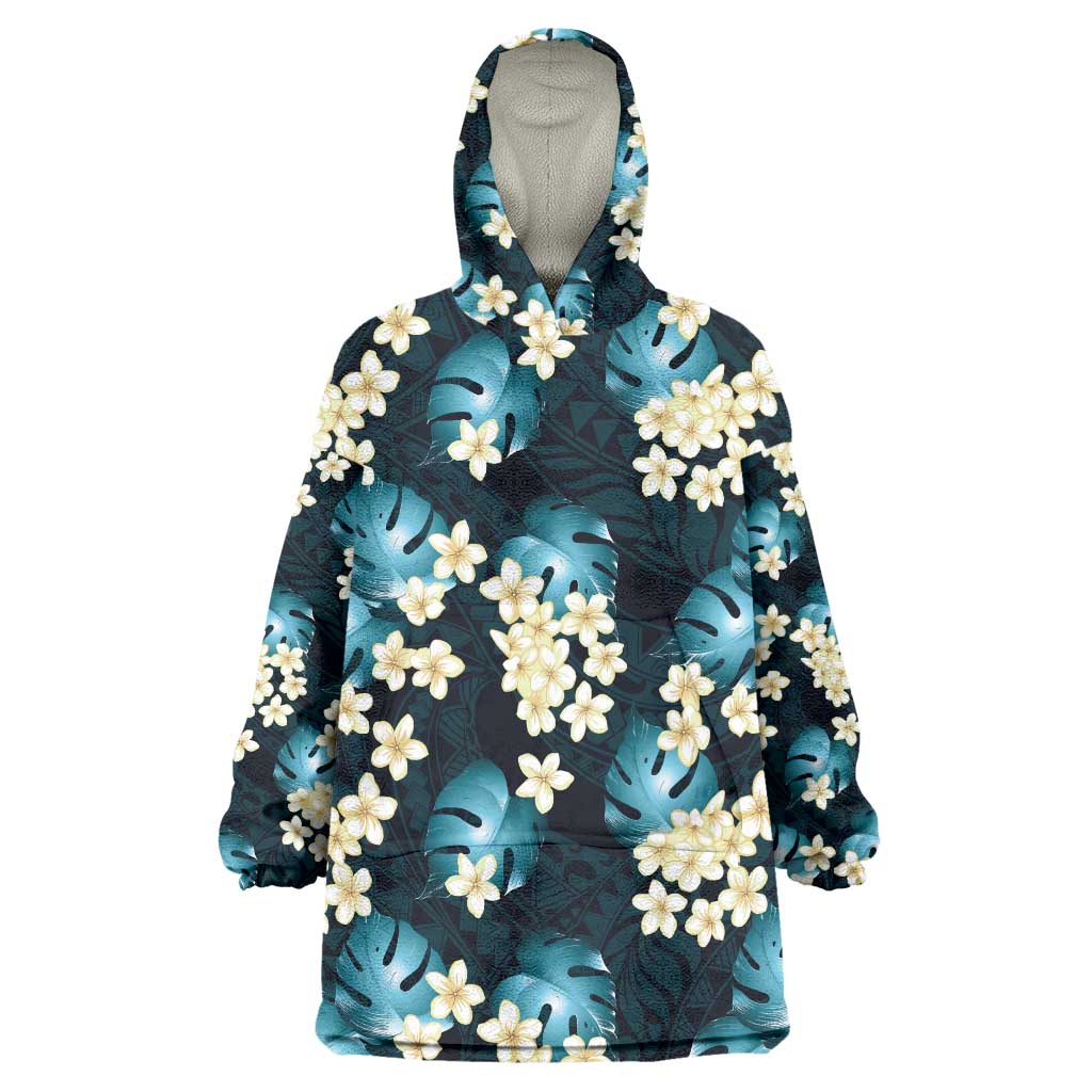 Dark Cyan Tropical Hawaii Wearable Blanket Hoodie Seamless Monstera Plumeria Hawaiian Pattern - Polynesian Pride