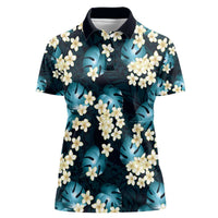 Dark Cyan Tropical Hawaii Women Polo Shirt Seamless Monstera Plumeria Hawaiian Pattern - Polynesian Pride