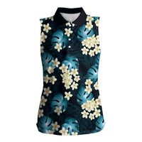 Dark Cyan Tropical Hawaii Women Sleeveless Polo Shirt Seamless Monstera Plumeria Hawaiian Pattern - Polynesian Pride