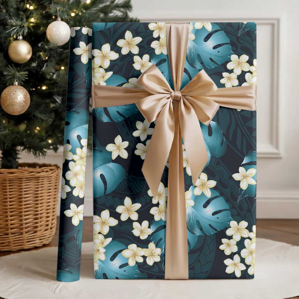 Dark Cyan Tropical Hawaii Wrapping Paper Seamless Monstera Plumeria Hawaiian Pattern - Polynesian Pride