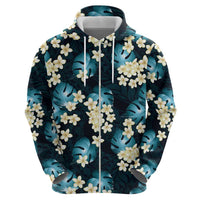 Dark Cyan Tropical Hawaii Zip Hoodie Seamless Monstera Plumeria Hawaiian Pattern - Polynesian Pride