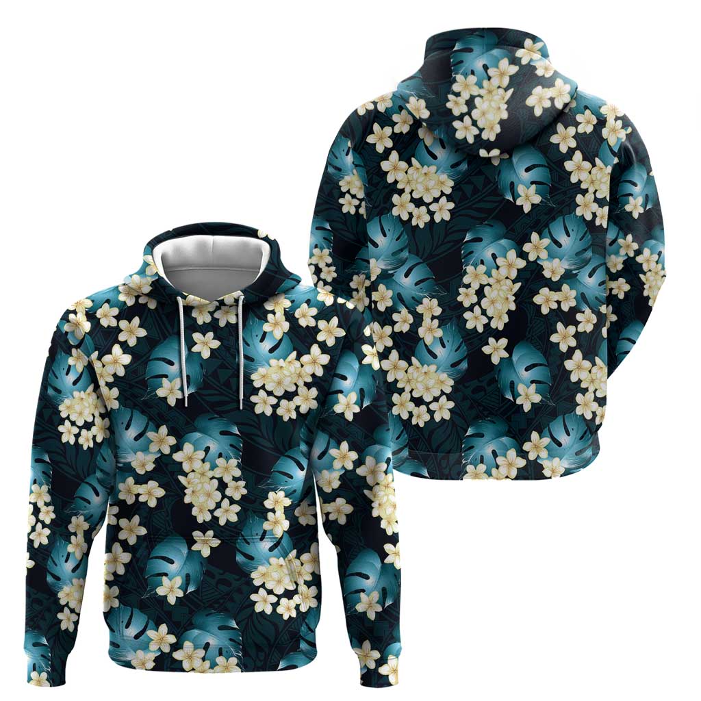 Dark Cyan Tropical Hawaii Zip Hoodie Seamless Monstera Plumeria Hawaiian Pattern - Polynesian Pride