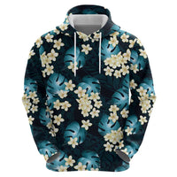 Dark Cyan Tropical Hawaii Zip Hoodie Seamless Monstera Plumeria Hawaiian Pattern - Polynesian Pride