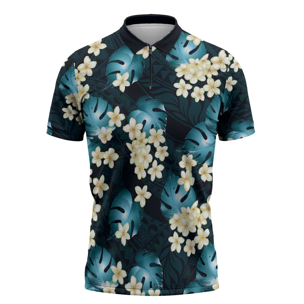 Dark Cyan Tropical Hawaii Zipper Polo Shirt Seamless Monstera Plumeria Hawaiian Pattern - Polynesian Pride