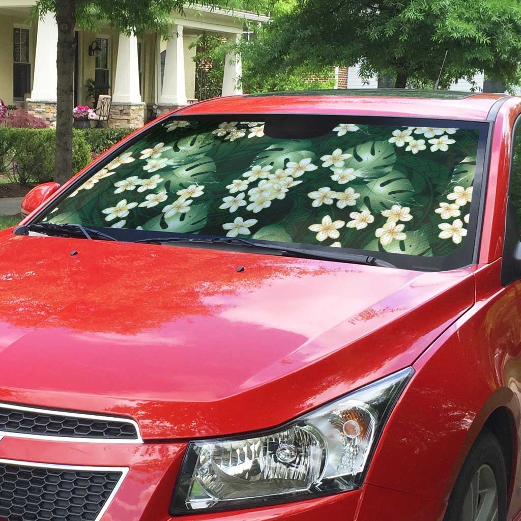 Green Tropical Hawaii Auto Sun Shade Seamless Monstera Plumeria Hawaiian Pattern - Polynesian Pride
