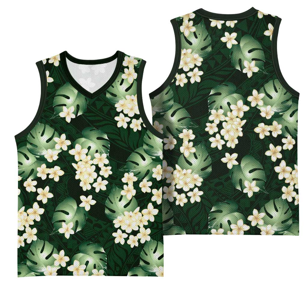 Green Tropical Hawaii Basketball Jersey Seamless Monstera Plumeria Hawaiian Pattern LT14 - Polynesian Pride