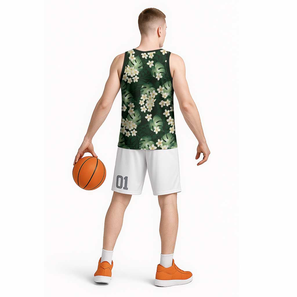 Green Tropical Hawaii Basketball Jersey Seamless Monstera Plumeria Hawaiian Pattern LT14 - Polynesian Pride
