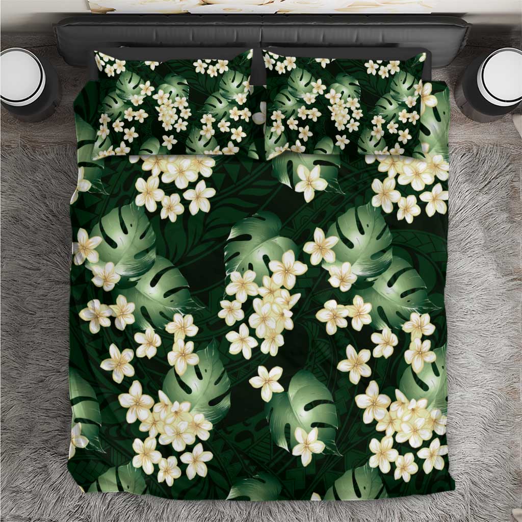 Green Tropical Hawaii Bedding Set Seamless Monstera Plumeria Hawaiian Pattern - Polynesian Pride
