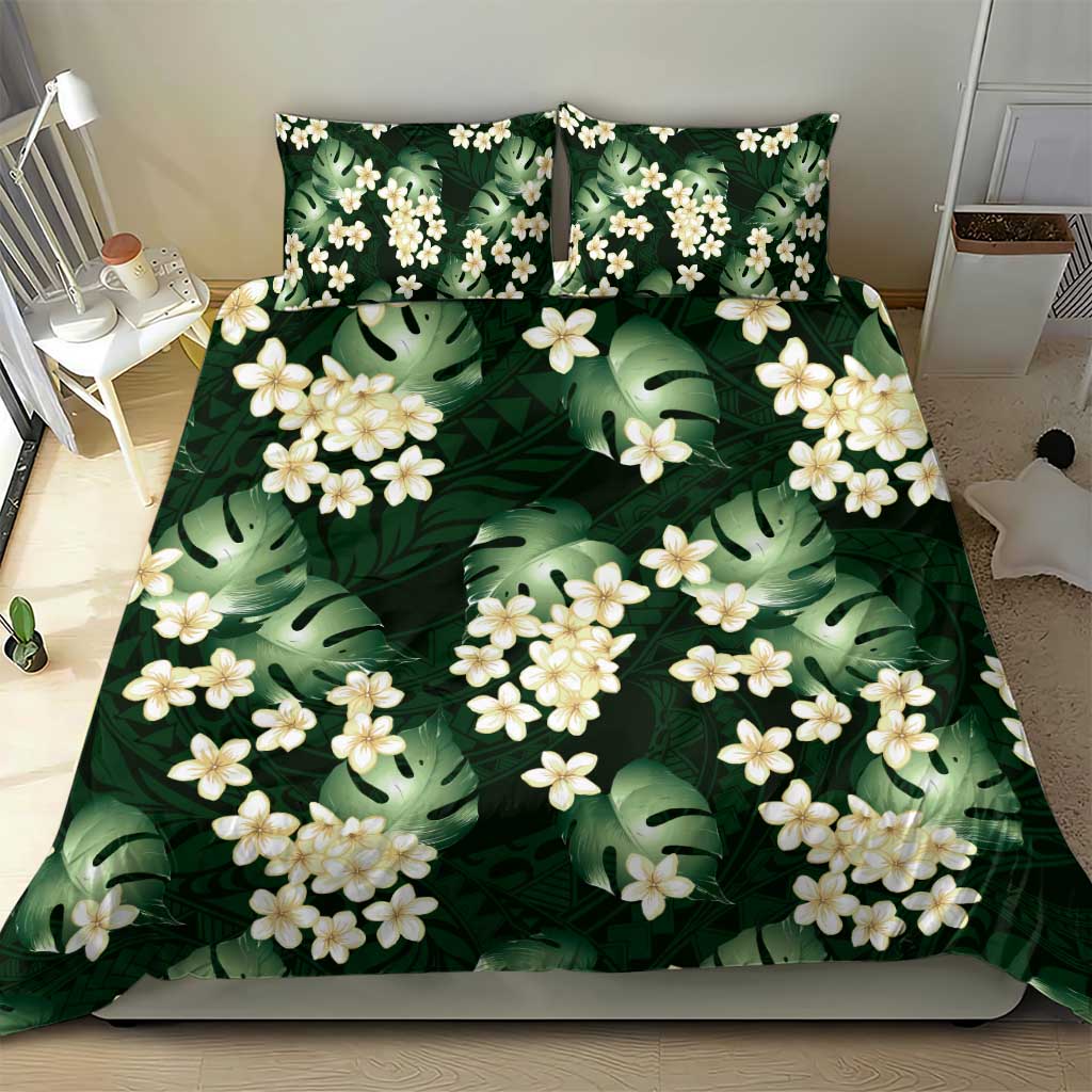 Green Tropical Hawaii Bedding Set Seamless Monstera Plumeria Hawaiian Pattern - Polynesian Pride