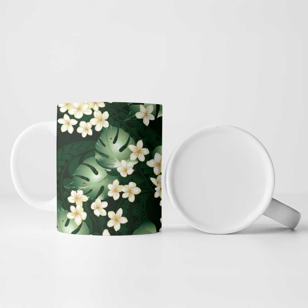 Green Tropical Hawaii Ceramic Mug Seamless Monstera Plumeria Hawaiian Pattern - Polynesian Pride