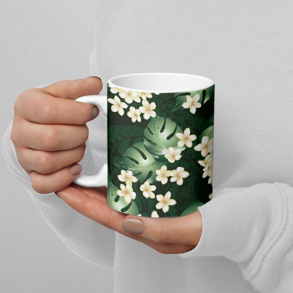 Green Tropical Hawaii Ceramic Mug Seamless Monstera Plumeria Hawaiian Pattern - Polynesian Pride