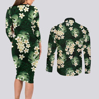 Green Tropical Hawaii Couples Matching Long Sleeve Bodycon Dress and Long Sleeve Button Shirt Seamless Monstera Plumeria Hawaiian Pattern - Polynesian Pride