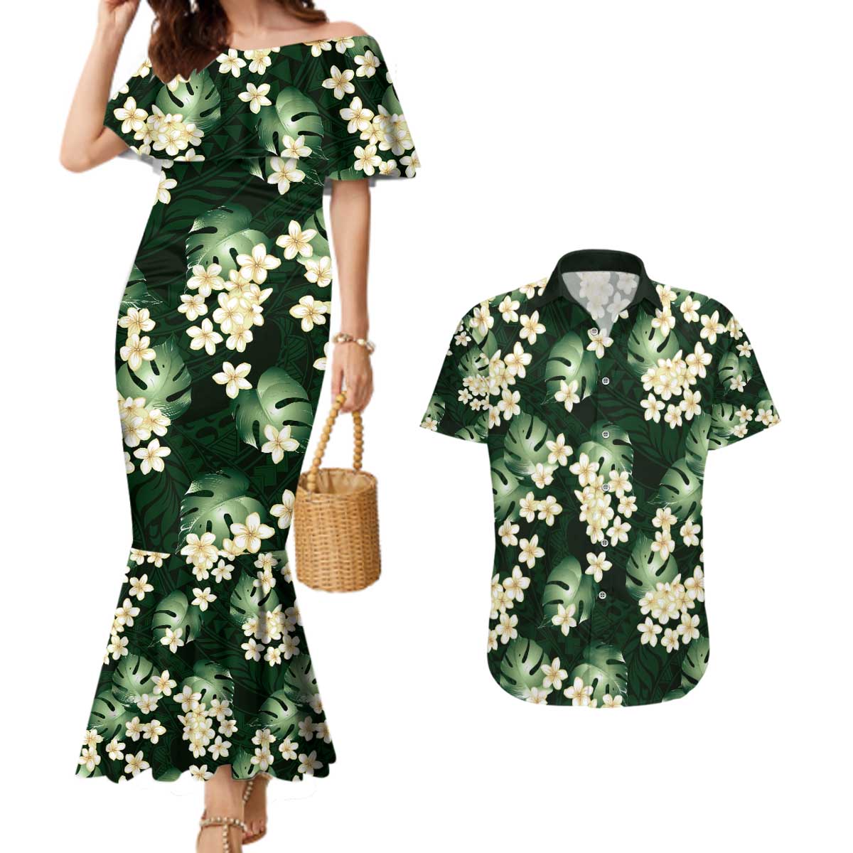 Green Tropical Hawaii Couples Matching Mermaid Dress and Hawaiian Shirt Seamless Monstera Plumeria Hawaiian Pattern - Polynesian Pride
