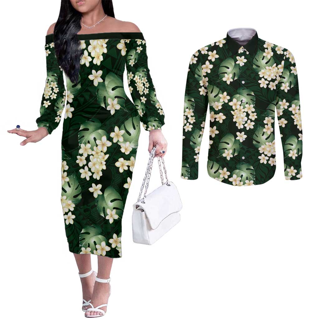 Green Tropical Hawaii Couples Matching Off The Shoulder Long Sleeve Dress and Long Sleeve Button Shirt Seamless Monstera Plumeria Hawaiian Pattern - Polynesian Pride