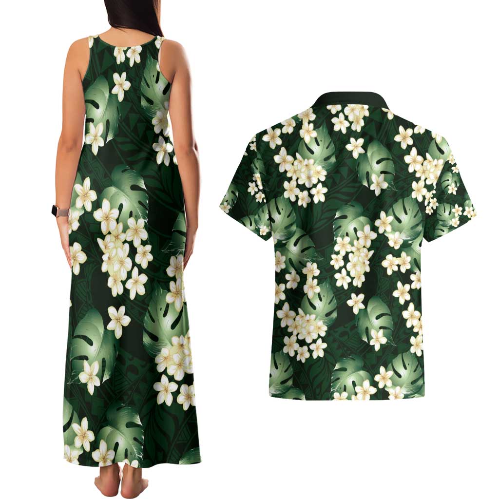 Green Tropical Hawaii Couples Matching Tank Maxi Dress and Hawaiian Shirt Seamless Monstera Plumeria Hawaiian Pattern - Polynesian Pride