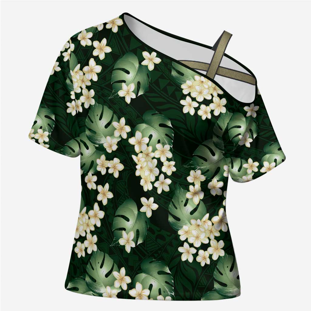 Green Tropical Hawaii Cross Shoulder Shirt Seamless Monstera Plumeria Hawaiian Pattern LT14 Female Green - Polynesian Pride