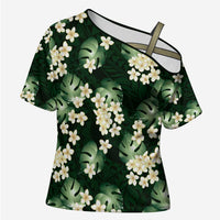 Green Tropical Hawaii Cross Shoulder Shirt Seamless Monstera Plumeria Hawaiian Pattern LT14 Female Green - Polynesian Pride
