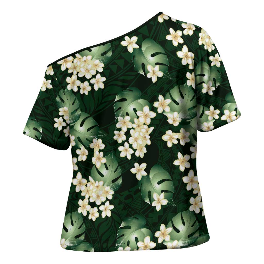 Green Tropical Hawaii Cross Shoulder Shirt Seamless Monstera Plumeria Hawaiian Pattern LT14 - Polynesian Pride