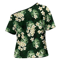 Green Tropical Hawaii Cross Shoulder Shirt Seamless Monstera Plumeria Hawaiian Pattern LT14 - Polynesian Pride