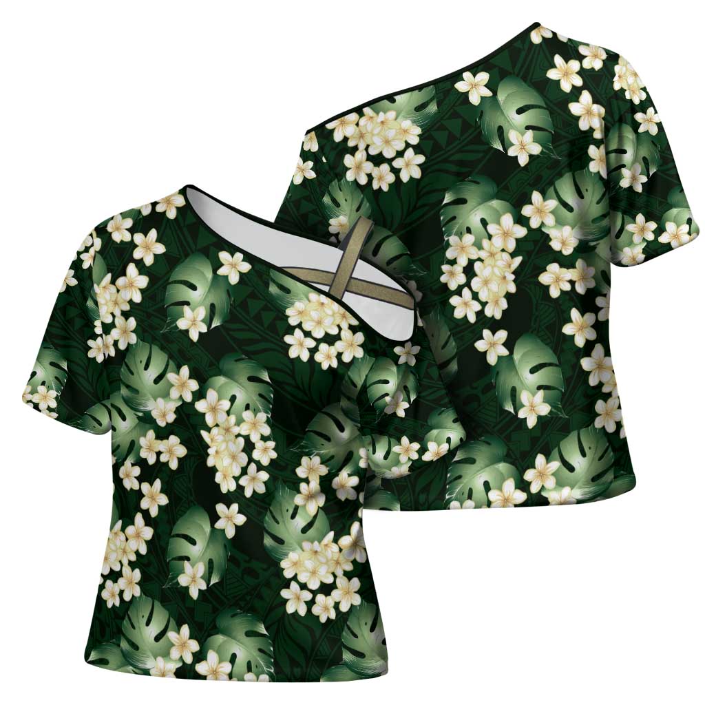 Green Tropical Hawaii Cross Shoulder Shirt Seamless Monstera Plumeria Hawaiian Pattern LT14 - Polynesian Pride