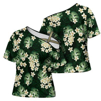 Green Tropical Hawaii Cross Shoulder Shirt Seamless Monstera Plumeria Hawaiian Pattern LT14 - Polynesian Pride