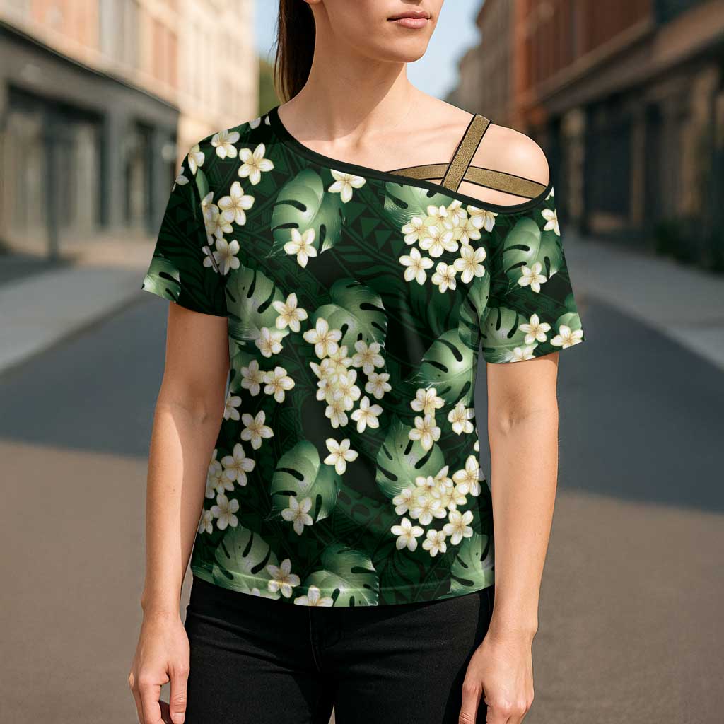 Green Tropical Hawaii Cross Shoulder Shirt Seamless Monstera Plumeria Hawaiian Pattern LT14 - Polynesian Pride
