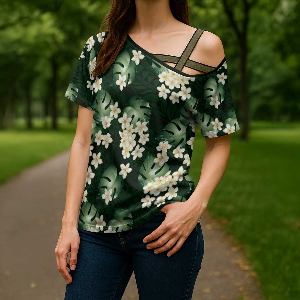 Green Tropical Hawaii Cross Shoulder Shirt Seamless Monstera Plumeria Hawaiian Pattern LT14 - Polynesian Pride