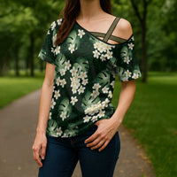Green Tropical Hawaii Cross Shoulder Shirt Seamless Monstera Plumeria Hawaiian Pattern LT14 - Polynesian Pride