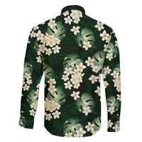 Green Tropical Hawaii Family Matching Long Sleeve Bodycon Dress and Hawaiian Shirt Seamless Monstera Plumeria Hawaiian Pattern - Polynesian Pride